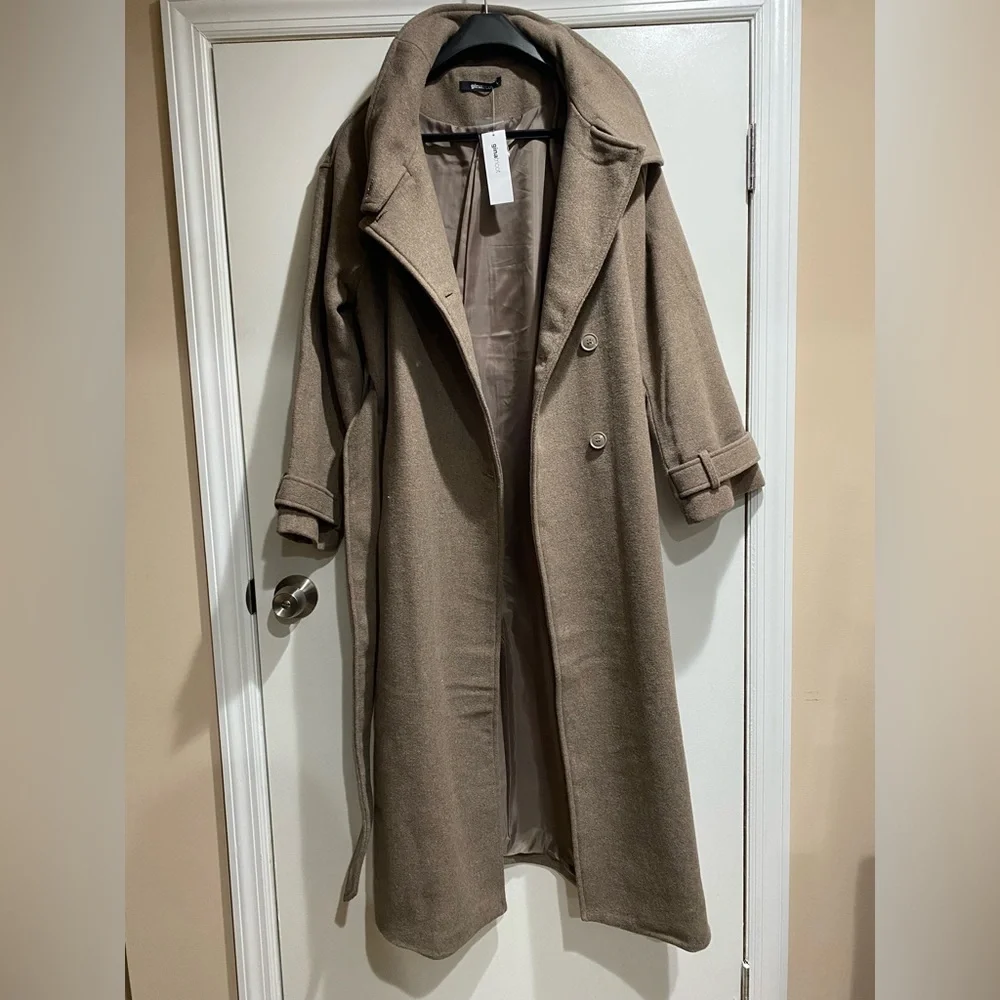 ASOS Brown Funnel Neck Long Wool Coat - Picture 8 of 10